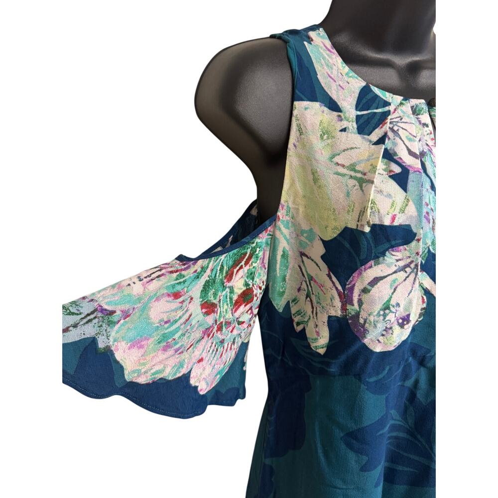 Maeve Anthropologie Dress 4 Teal Shift Cold Shoulder Ruffle Lined Women EUC - Picture 3 of 10